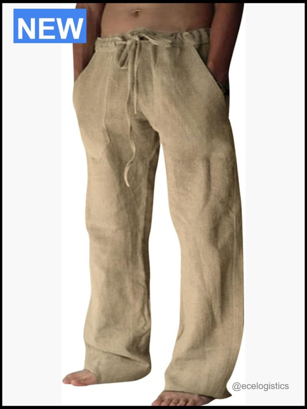 Cotton Linen Men's Casual Loose Fit Drawstring Straight Leg Pants